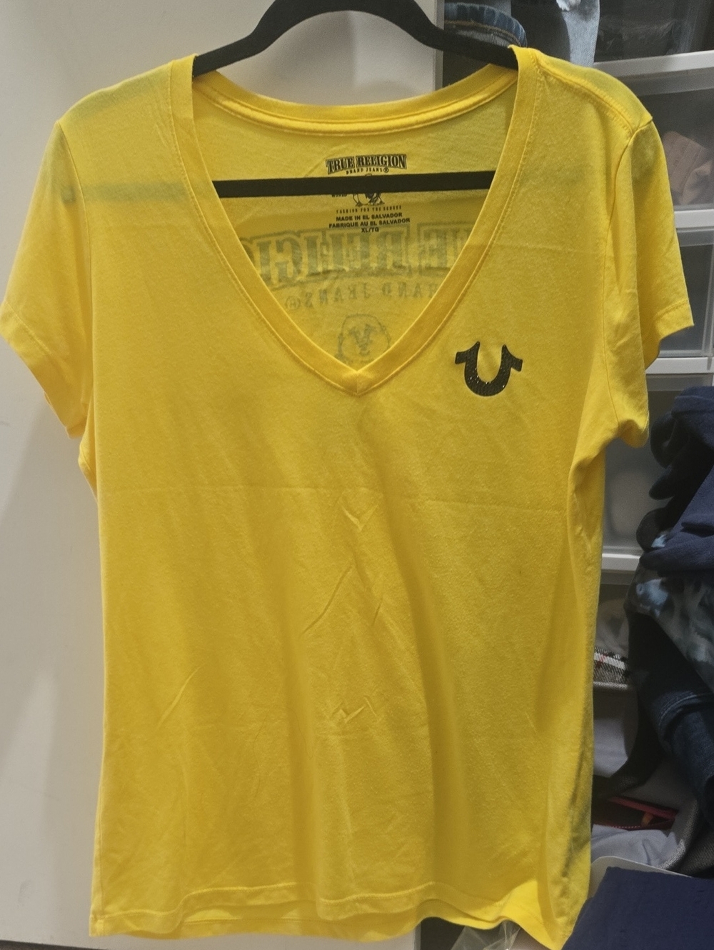 True Religion Yellow Deep V-Neck Logo Tee, Size XL